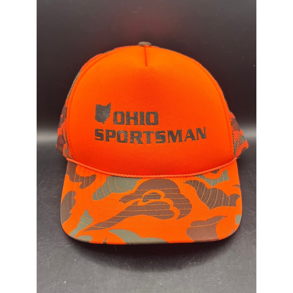 Vtg Mad Hatter Ohio Sportsman Blaze Orange Camo Trucker Hat Adult Fit Hunting
